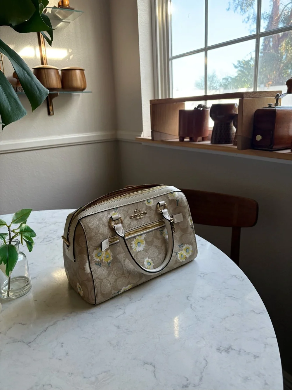 Coach Beige Floral Signature Satchel with Cream Handles